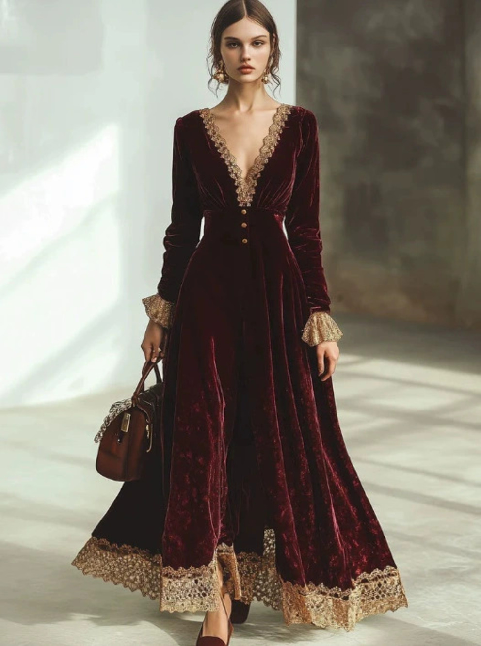 H&M Vintage Red Velvet Lace Collar Long Sleeve Maxi Dress